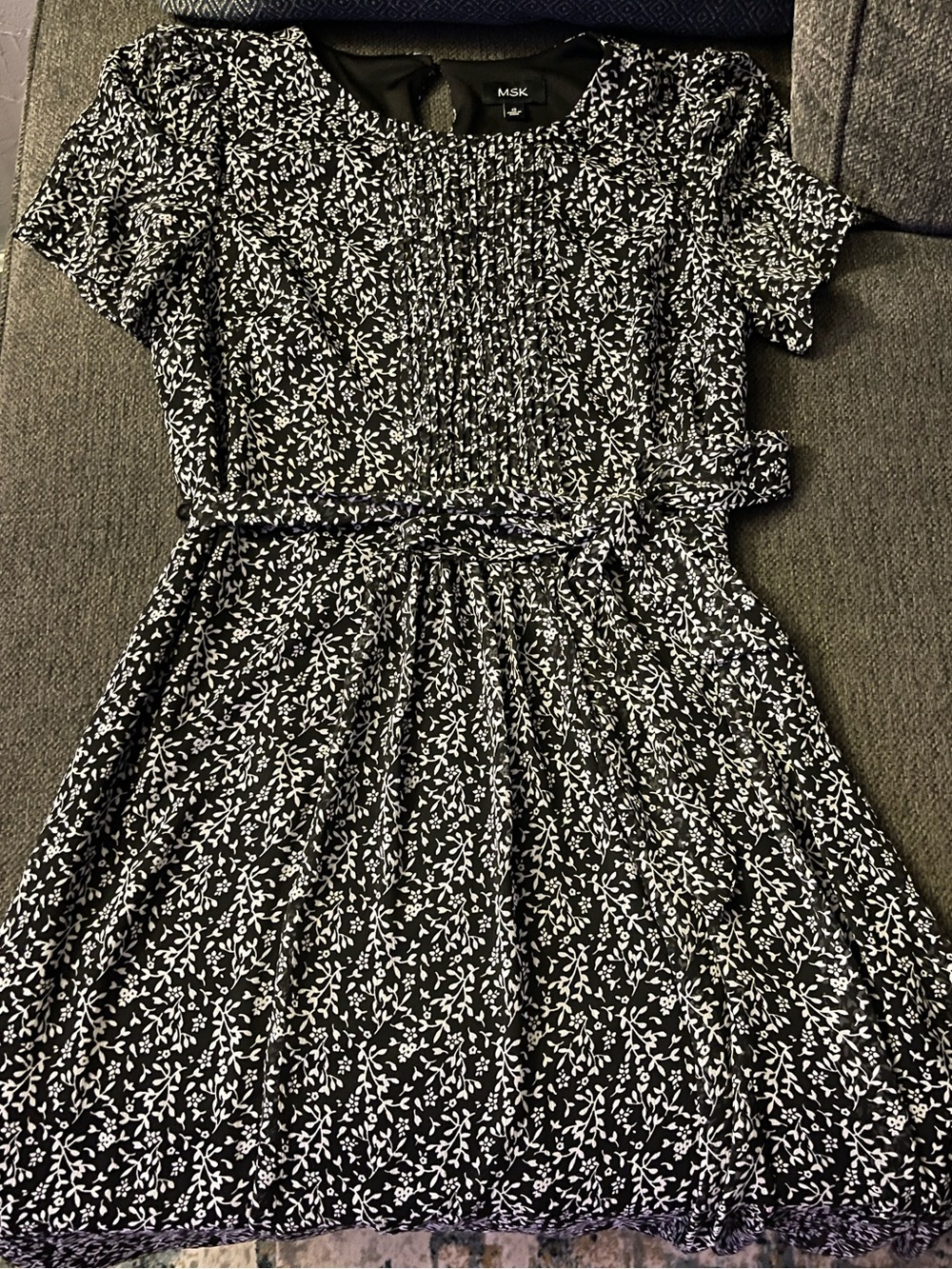 MSK Black Dress with White Botanical Print and Tie Waist